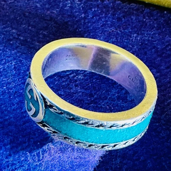 GUCCI Enamel Trio: Blue Interlocking G Necklace & (2) Turquoise Rings - Picture 11 of 16